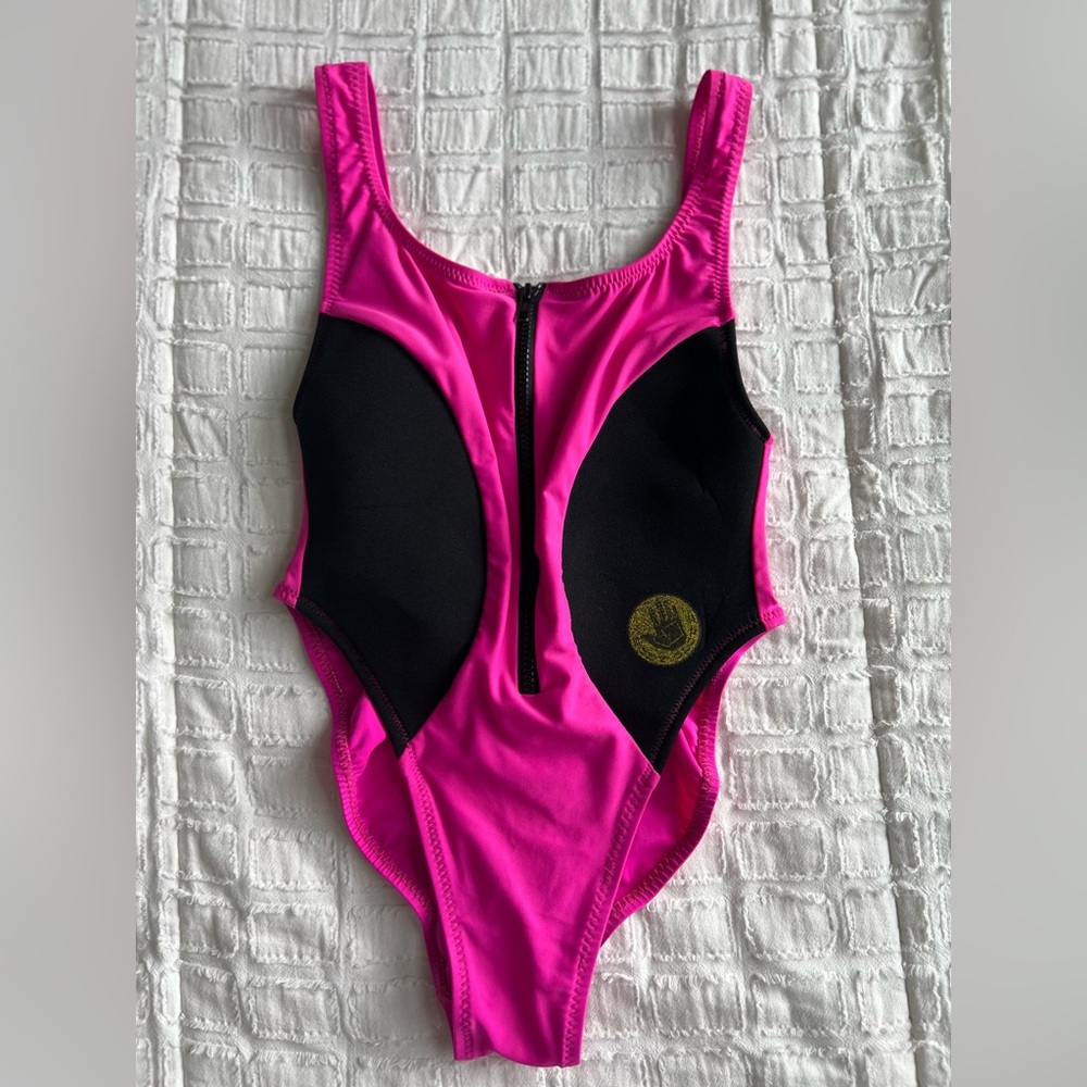 Bodyglove One Piece Zipper Front Swimsuit Hot Pink Black Vintage Size 7/8 Small
